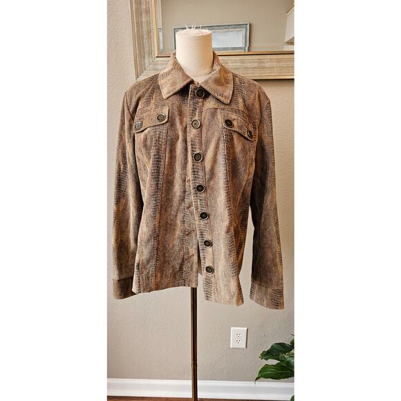 Chicos Sz 2‎ Snake Print Faux-Suede Button Front Jacket Women Size L Lightweight - Picture 3 of 7